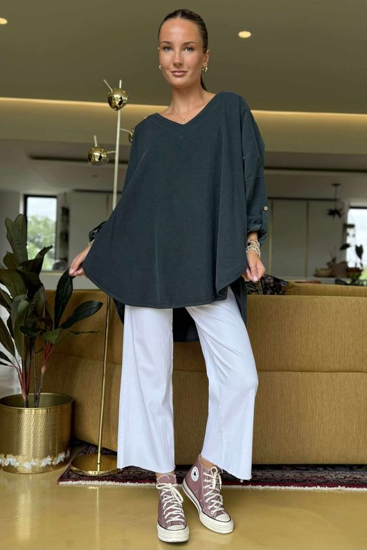 Made in Italy Cooper Needlecord Scoop Dip Back Top Charcoal
